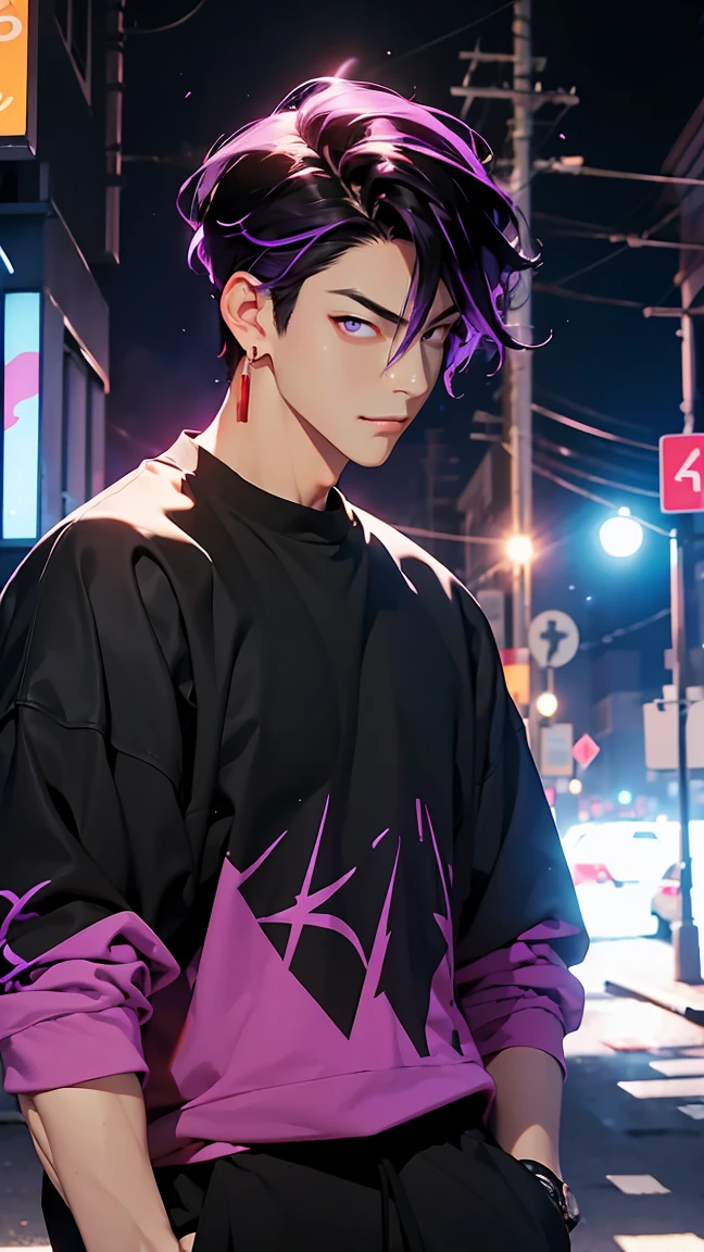 highest quality, 8K, high resolution image, anime style Jujutsu Kaisen, (Iori_suiseki), detailed strokes, bored look , blurred, purple light reflecting from it, (close angle), 1 man, young, male, model, hand in pocket, cool guy, multicolored Background with various geometric shapes, around stickers, muscular,Black hair, purple eyes, multicolored hair, purple hair, hair between eyes, highlighted hair ,swollen chest, withe shirt, black sweater, sweatpants, Background: big City, Streets, Park, People, blue sky, Cars, Bike