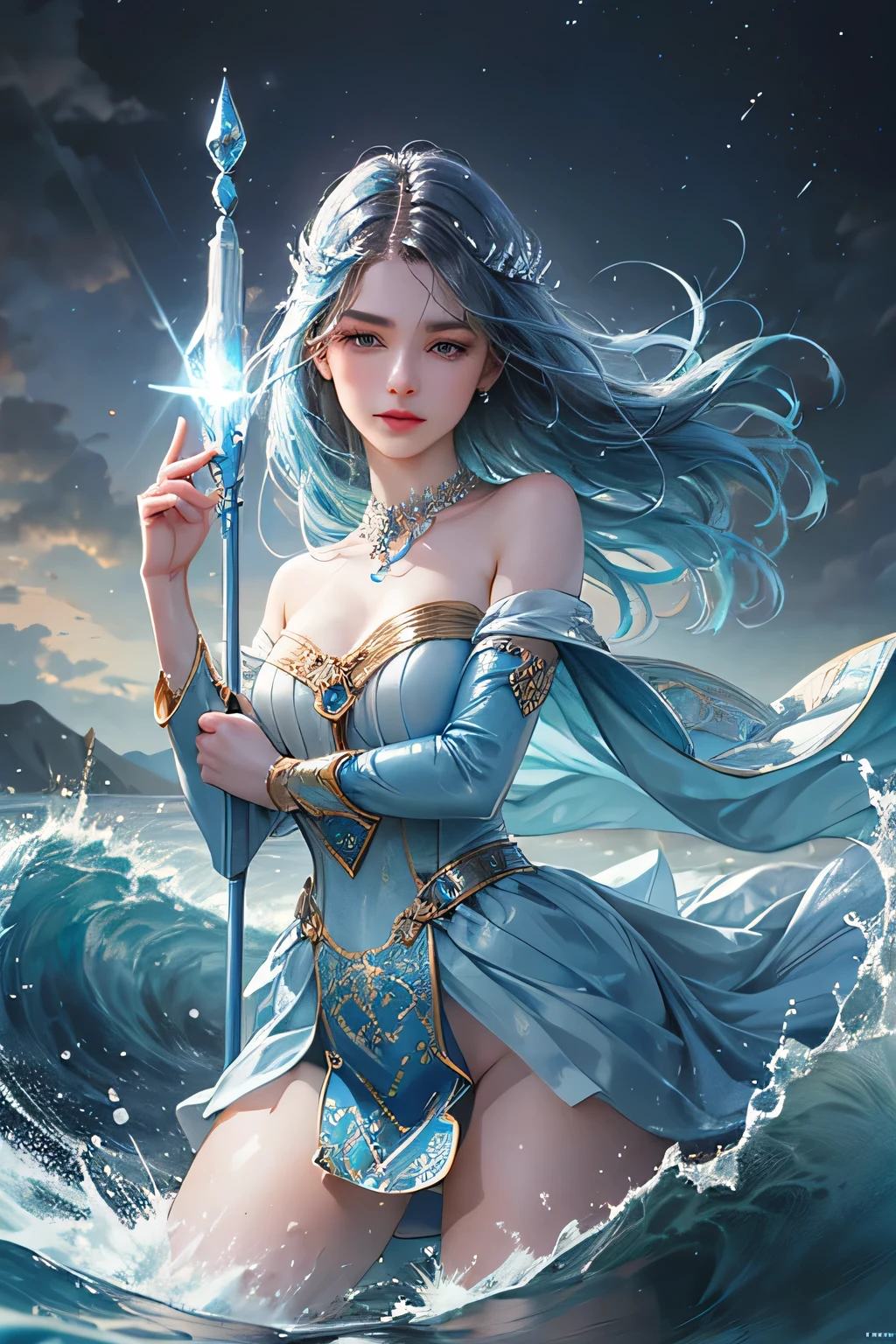"Create an ultra-realistic image of a beautiful 21-year-old girl holding a magical staff that radiates the essence of water. She should be dressed in an elegant, blue shaded outfit that reflects her deep connection to the element of water. Surround her with elements of water, such as cascading waves, shimmering droplets, and serene reflections, to showcase her mastery over this element. Include a distinct water symbol on her body, signifying her role as the keeper of water and illustrating the powerful, fluid energy of water she possesses within her."