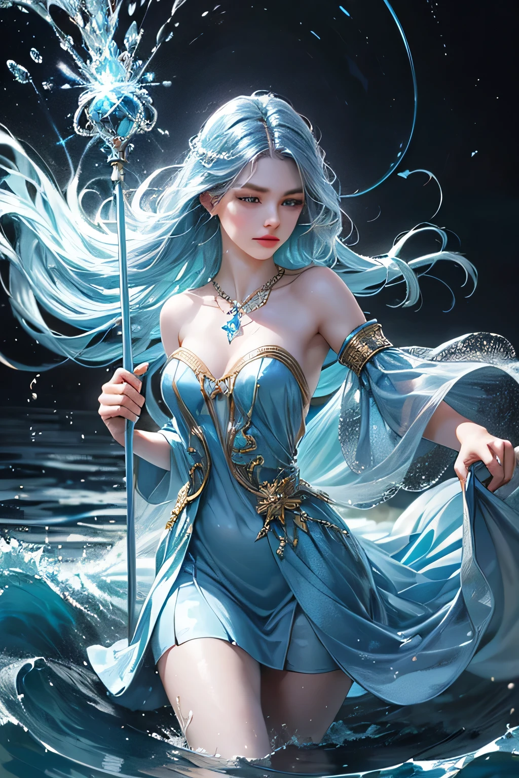 "Create an ultra-realistic image of a beautiful 21-year-old girl holding a magical staff that radiates the essence of water. She should be dressed in an elegant, blue shaded outfit that reflects her deep connection to the element of water. Surround her with elements of water, such as cascading waves, shimmering droplets, and serene reflections, to showcase her mastery over this element. Include a distinct water symbol on her body, signifying her role as the keeper of water and illustrating the powerful, fluid energy of water she possesses within her."