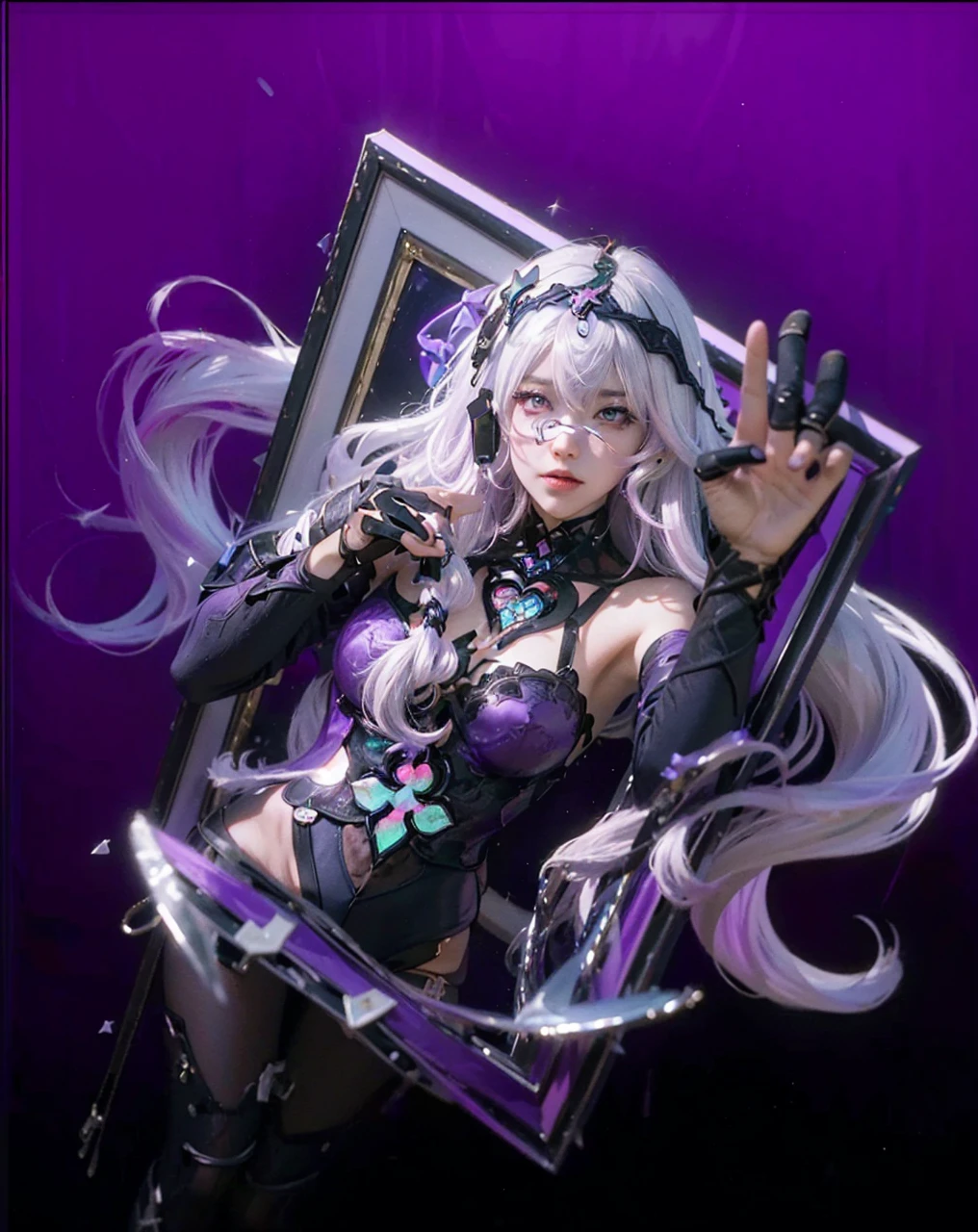 ((BLACK SWAN_HONKAI STARRAIL)),((realistic, photorealistic)),(highlight hair)), Light reflection, (( HD )),((upper body)), (((best quality, masterpiece))), (masterpiece) (best quality) (detail) (8k) (HDR) (wallpaper) (cinematic lighting) (sharp focuasterpiece, best quality: 1.1), Real life adaption of this character, Asian beauty face, Shining green eyes, realistic outfit, realistic shadow, realistic light, realism, hyper realistic,realistic hair, realistic background,(photorealistic:1.2), 1girl, glow purple,Gradient black and purple background, broken glass, white hair with white and purple gradations, floating hair, out of the photo frame, hooded,Black Gloves,