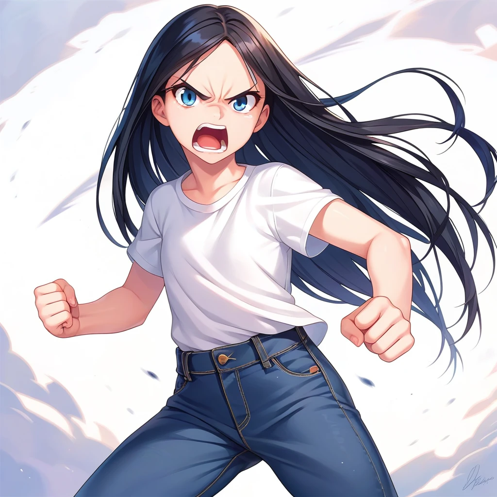 masterpiece , best quality , color , lineart , face close-up , 1 girl , solo , 20 years old , flat chest , long hair , black hair , short sleeve , white tshirts , long pants , jeans , (furious:1.5),  standing , fight , open eyes , looking at viewer , open mouth ,  from front , bedroom , simple backqround ,
