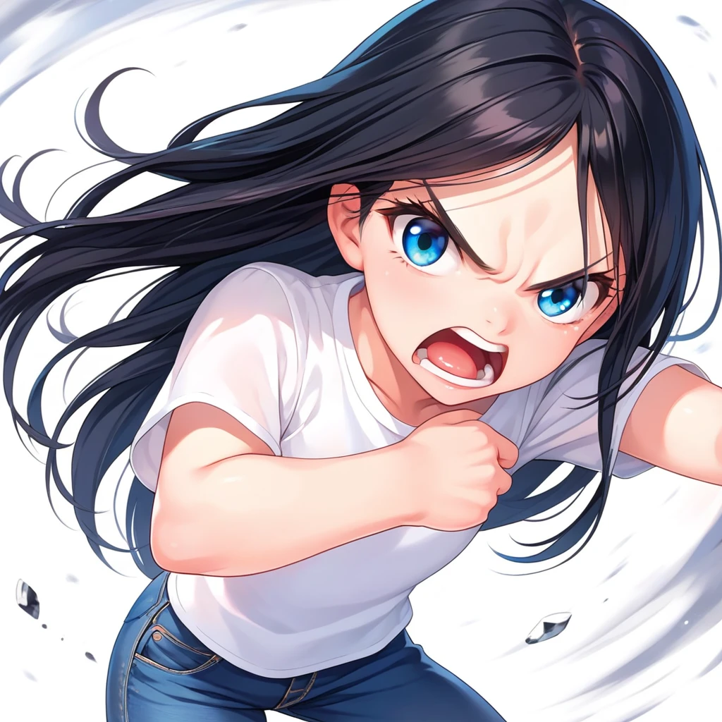 masterpiece , best quality , color , lineart , face close-up , 1 girl , solo , 20 years old , flat chest , long hair , black hair , short sleeve , white tshirts , long pants , jeans , (furious:1.5), standing , fight , open eyes , looking at viewer , open mouth , from front , bedroom , simple backqround ,