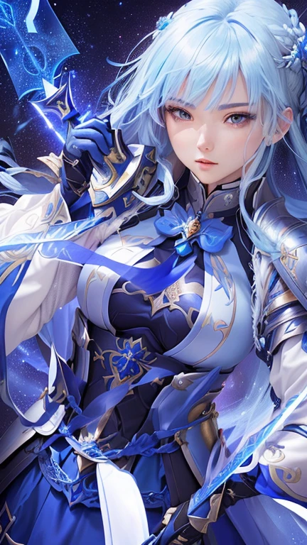 a woman with blue hair and a blue dress holding a sword, beautiful celestial mage, portrait knights of zodiac girl, ayaka genshin impact, detailed key art, genshin, blue scales covering her chest, keqing from genshin impact, detailed artwork, knights of zodiac girl, high detailed official artwork, armor girl, genshin impact, detailed art