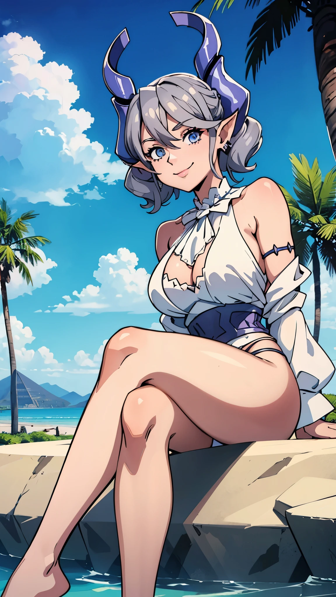 Pyramaid top High level image quality best image quality 8K adult woman desert sunset palm trees whole body view portrait bikini horn ears short hair((shortcut)(gray hair)(perm)(fluffy)) eye color is blue , attractive evil face , smile , y pose , labrynth , barearm , wearing white shirt , sitting by the pyramid , crossed leg style in detailed , view foot arc