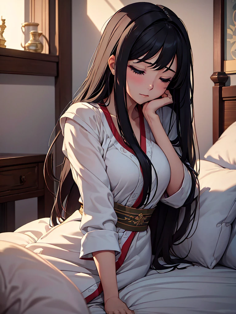 (​masterpiece、top-quality、hight resolution、Unity 8k Wallpaper、extremely details CG:1), A lonely widow in an elegantly furnished bedroom is depicted during a quiet night. She sits on a plush bed, the dim light casting soft shadows around her. Her expression is one of deep longing as she clutches a pillow to her , her eyes slightly closed as if lost in a distant memory. Despite her refined and modest appearance, there is a subtle hint of desire in her gaze. The atmosphere is filled with a poignant mix of loneliness and a faint yearning for human touch, capturing the rare moment when a virtuous woman allows herself to feel a hint of desire. 