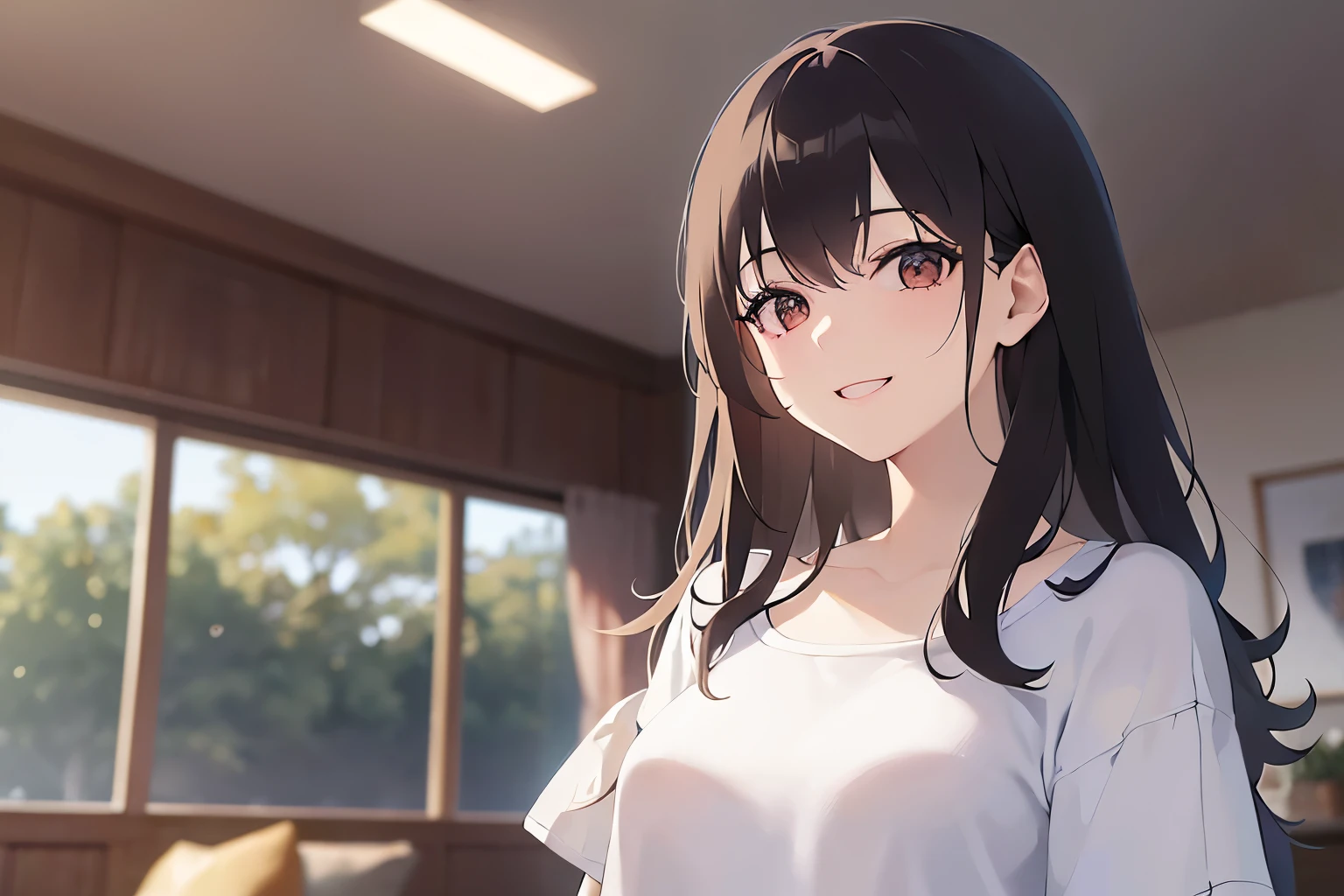 look back, Realistic, real person, (pale skin: 1.2), upper body, RAW photo, photorealistic, shiny skin, shiny hair、(A 25-year-old woman with medium-length hair and bangs) and (wavy hair) and (brown hair) and (Orange Eyes) , (White T-shirt) 、(smile:1.5), open mouth, The background is the living room、Alone、Are standing