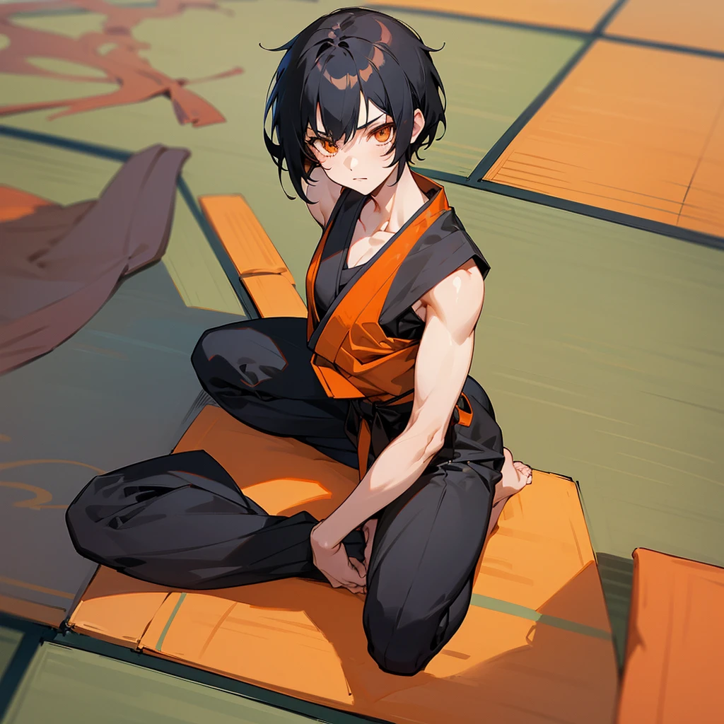 1girl, short messy black hair, orange eyes, wearing black martial arts gi and black martial arts trousers. Barefoot. Anime artstyle, best quality, looking at viewer, perfect face, Sitting on tatami mats, intricate detail, masterpiece, perfect muscular body