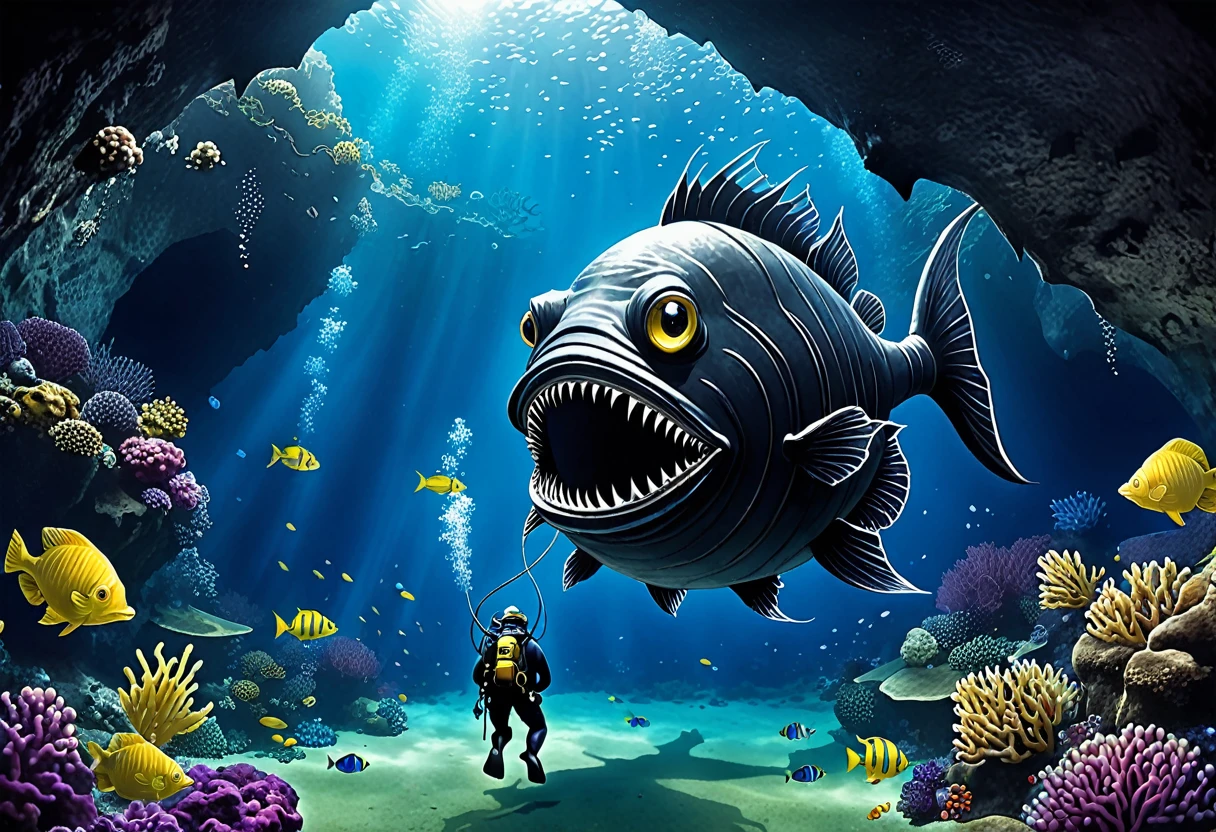 An anglerfish monster disguised as a giant underwater cave、The treasure hunter divers approach without noticing.、