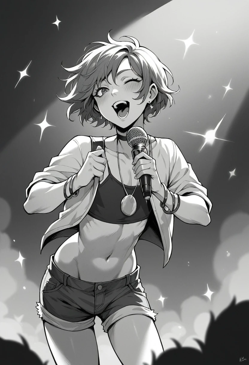 a black ager, trap singer, with a microphone in hand, on a stage, in a repair with agitated people.