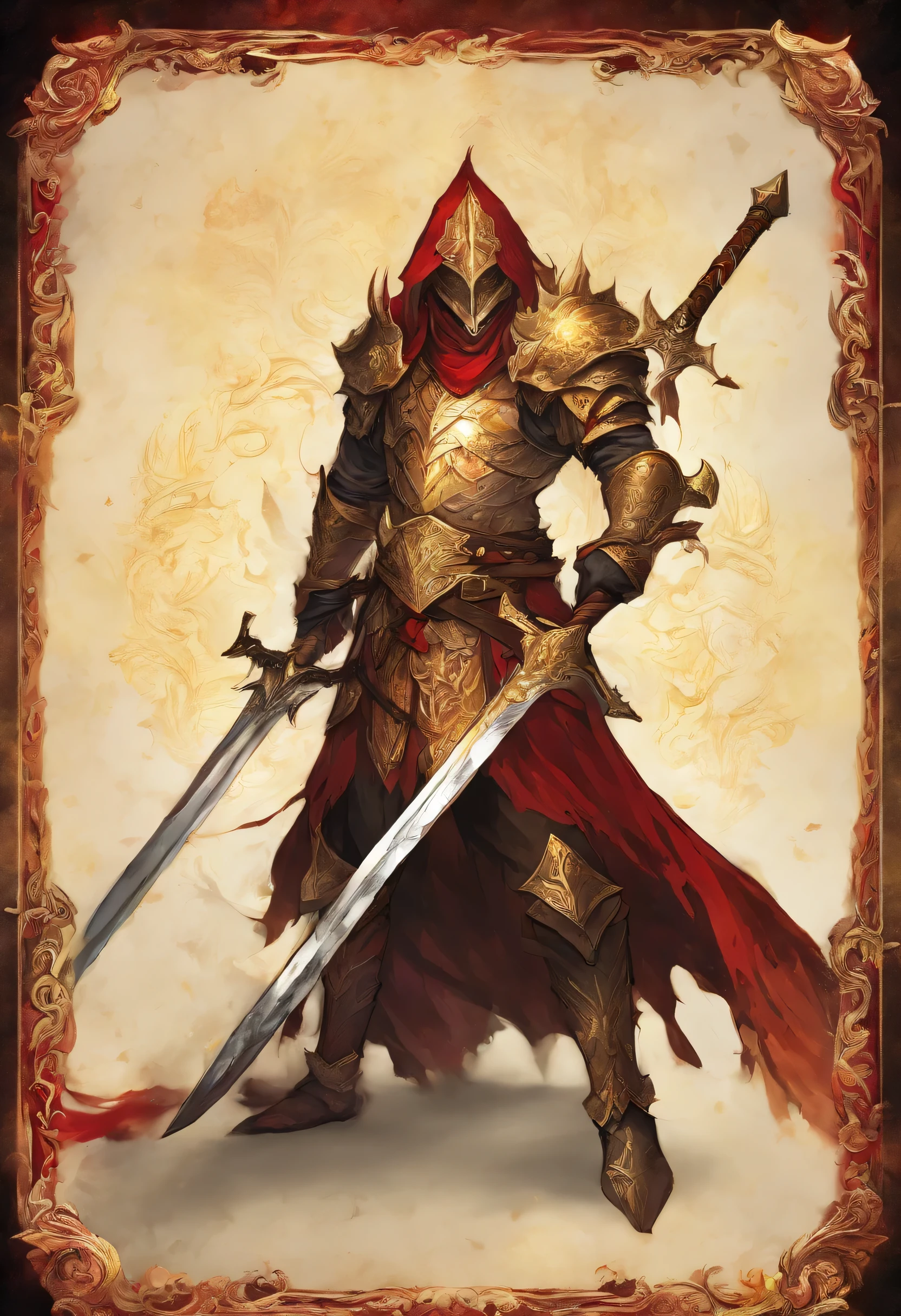 A legendary sword that has a golden aura and a hilt that is the size of a dragon and in the middle there is a red magic crystal which makes it look elegant, as well as the blade of the sword silvery gold in color
