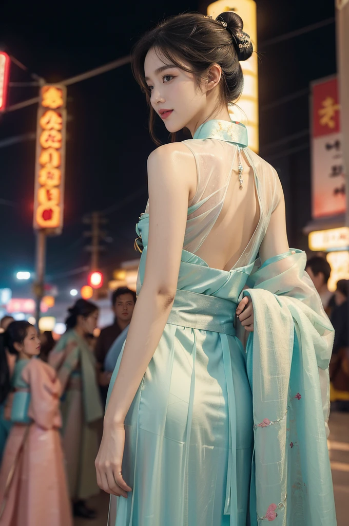 (((best quality))),(((ultra detailed))),(((masterpiece))),illustration,1girl,bun hair,(see through gauze hanbok:1.3),collar,slim,laughing, summer night,Korean city scape, street, neon signs, beautiful, vibrant, detailed facial features,medium hair, elegance, cultural atmosphere, bustling city,tall buildings full of colorful advertisements, reflections, lively atmosphere, street food aroma,upper body,from back,(shoulder off,bare back,towering hips,butt crack)