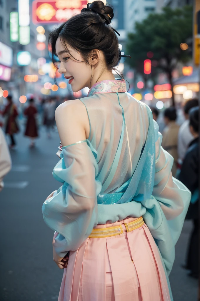 (((best quality))),(((ultra detailed))),(((masterpiece))),illustration,1girl,bun hair,(see through gauze hanbok:1.3),collar,slim,laughing, summer night,Korean city scape, street, neon signs, beautiful, vibrant, detailed facial features,medium hair, elegance, cultural atmosphere, bustling city,tall buildings full of colorful advertisements, reflections, lively atmosphere, street food aroma,upper body,from back,(shoulder off,bare back,towering hips,butt crack)