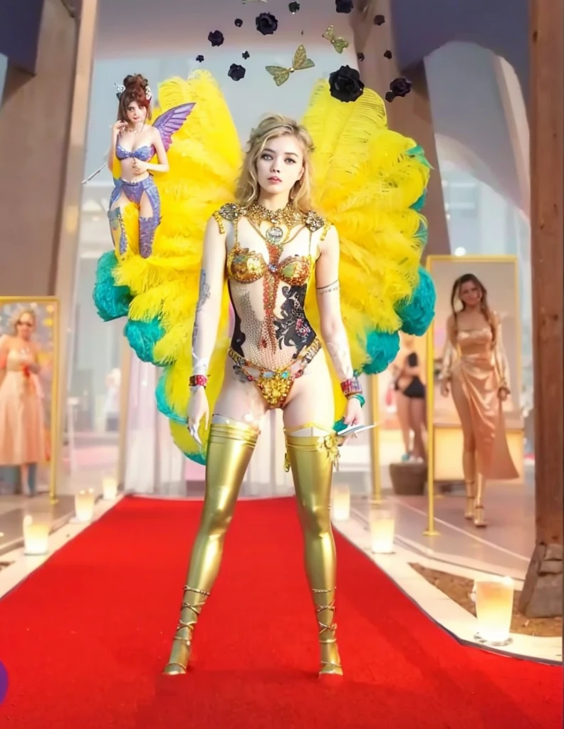 Cute 18 year old girl, Carnival Bikini Woman suit, short curly hair, blonde hair, beautiful face, rain, roof, masterpiece, exquisite details, perfect anatomy, fighting stance realistic