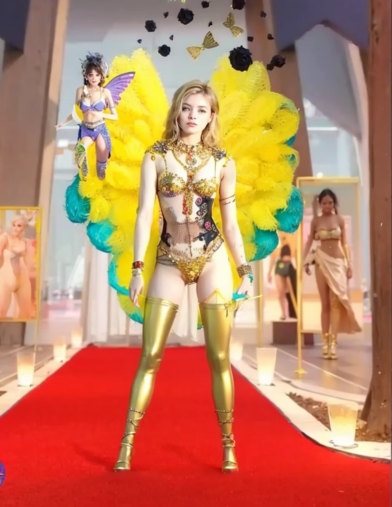 Cute 18 year old girl, Carnival Bikini Woman suit, short curly hair, blonde hair, beautiful face, rain, roof, masterpiece, exquisite details, perfect anatomy, fighting stance realistic