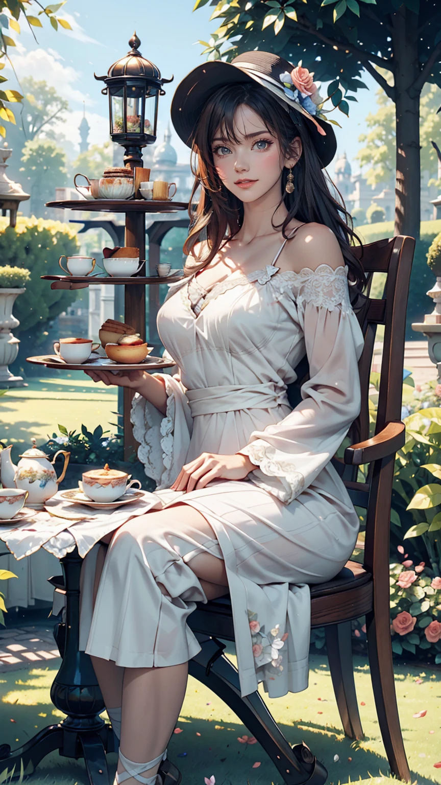 24 year old Caucasian female、Sexy proportions、Sexy、smile、smile、happiness、Flower-filled palace gardens、Tables and chairs on the lawn、A complete English tea set is placed on the table.、Sit in a chair and enjoy afternoon tea time、Wear an off-the-shoulder dress、Wear stiletto heels、Cowboy Shot