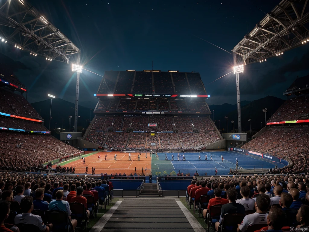 a detailed illustration of the UEFA European Football Championship, 1 large trophy, soccer players in action, stadium with cheering crowd, dynamic action poses, motion blur, dramatic lighting, vibrant colors, cinematic composition, hyperrealistic, (best quality,4k,8k,highres,masterpiece:1.2),ultra-detailed,(realistic,photorealistic,photo-realistic:1.37),professional sports art, epic scale, dramatic angles, dramatic lighting, vivid colors