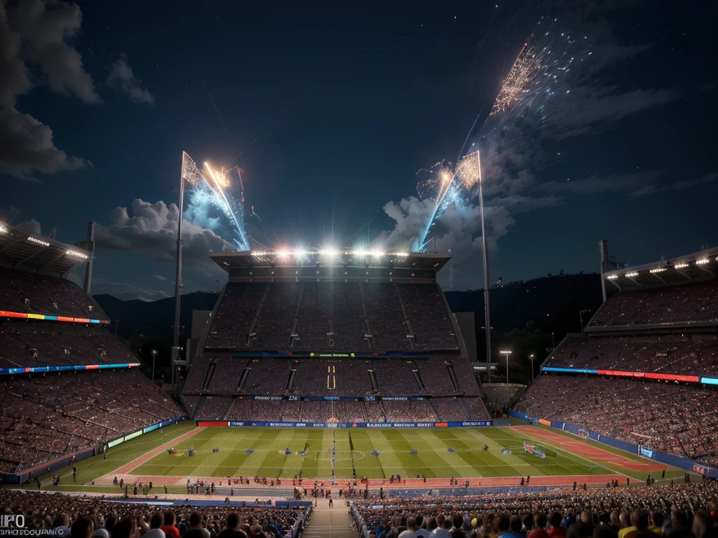 a detailed illustration of the UEFA European Football Championship, 1 large trophy, soccer players in action, stadium with cheering crowd, dynamic action poses, motion blur, dramatic lighting, vibrant colors, cinematic composition, hyperrealistic, (best quality,4k,8k,highres,masterpiece:1.2),ultra-detailed,(realistic,photorealistic,photo-realistic:1.37),professional sports art, epic scale, dramatic angles, dramatic lighting, vivid colors