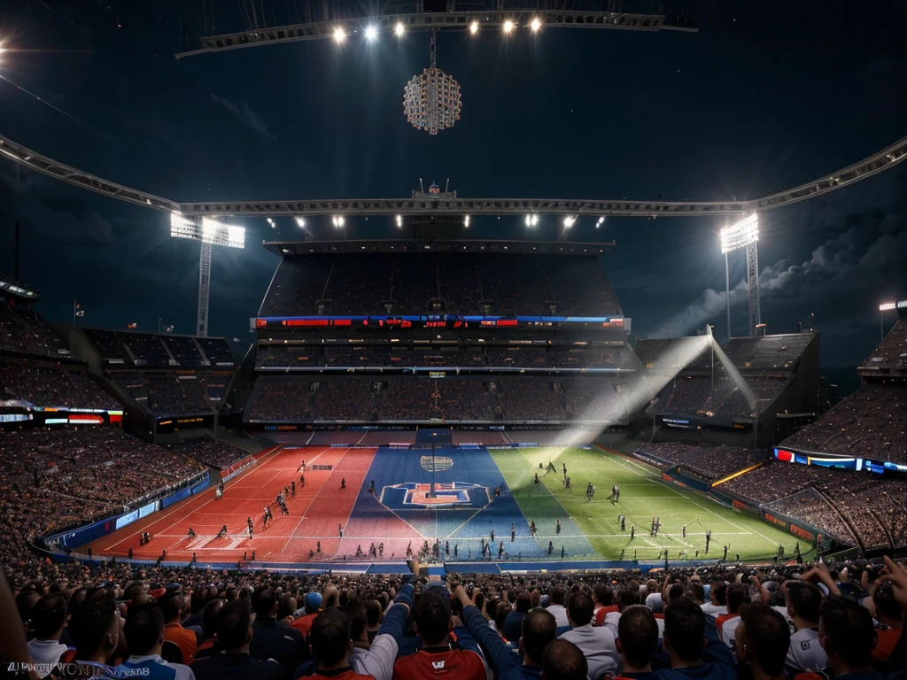 a detailed illustration of the UEFA European Football Championship, 1 large trophy, soccer players in action, stadium with cheering crowd, dynamic action poses, motion blur, dramatic lighting, vibrant colors, cinematic composition, hyperrealistic, (best quality,4k,8k,highres,masterpiece:1.2),ultra-detailed,(realistic,photorealistic,photo-realistic:1.37),professional sports art, epic scale, dramatic angles, dramatic lighting, vivid colors