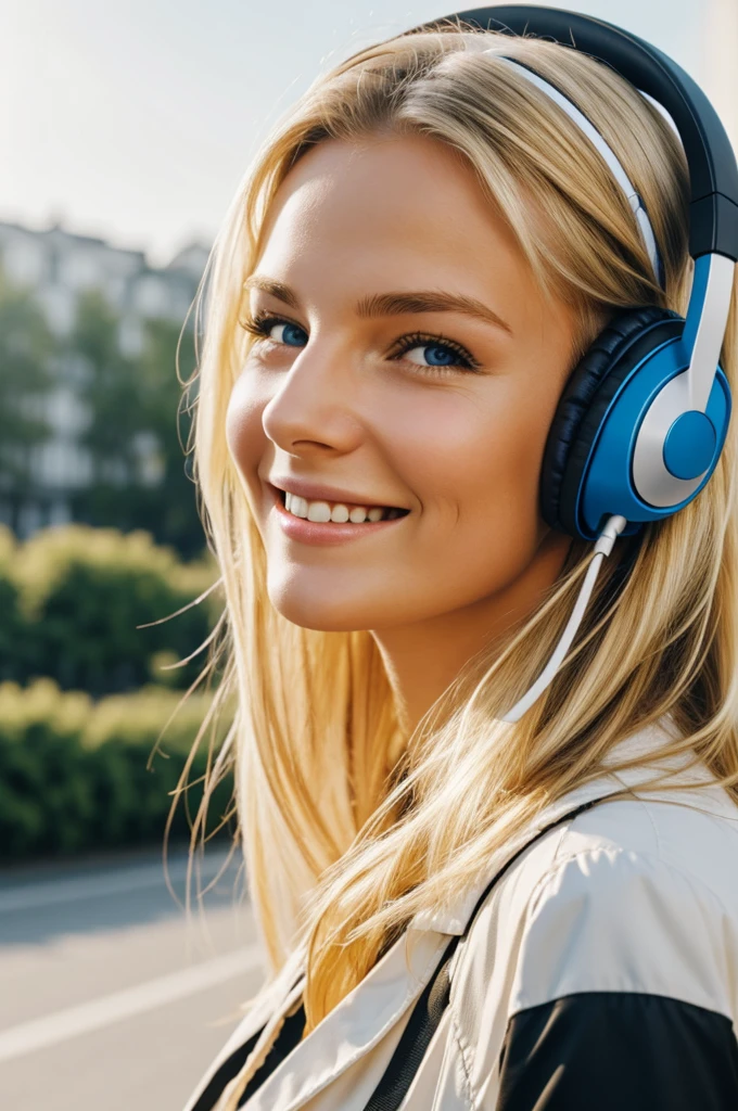 Beautiful blonde German young woman, with headset looks smiling into the camera.