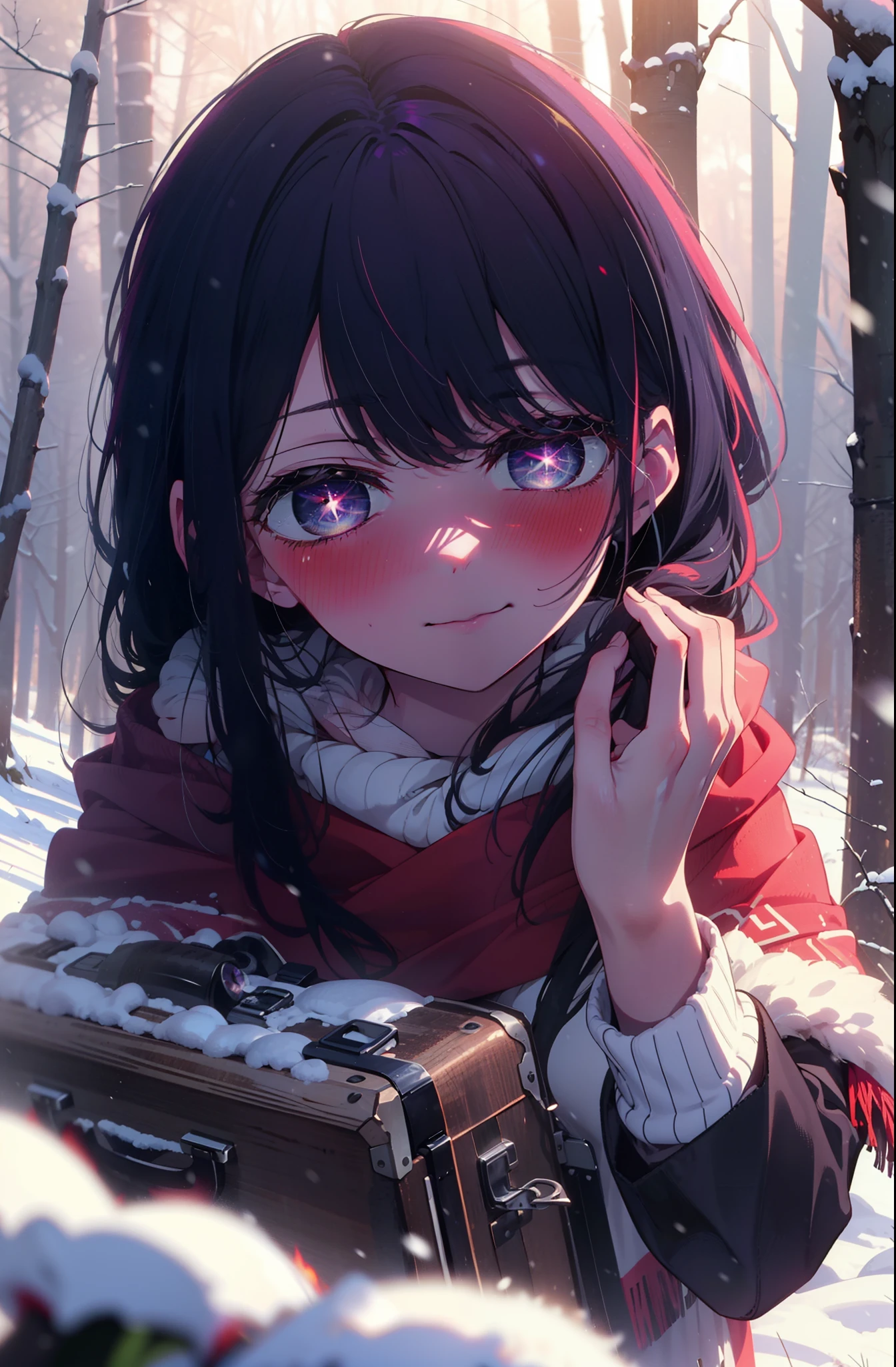 aihoshino, Ai Hoshino, Long Hair, bangs, (Purple eyes:1.1), Purple Hair, (Symbol-shaped pupil:1.5), smile,,smile,blush,White Breath,
Open your mouth,snow,Ground bonfire, Outdoor, boots, snowing, From the side, wood, suitcase, Cape, Blurred, , forest, White handbag, nature, Squat, Mouth closed, Cape, winter, Written boundary depth, Black shoes, red Cape break looking at viewer, Upper Body, whole body, break Outdoor, forest, nature, break (masterpiece:1.2), highest quality, High resolution, unity 8k wallpaper, (shape:0.8), (Beautiful and beautiful eyes:1.6), Highly detailed face, Perfect lighting, Highly detailed CG, (Perfect hands, Perfect Anatomy),