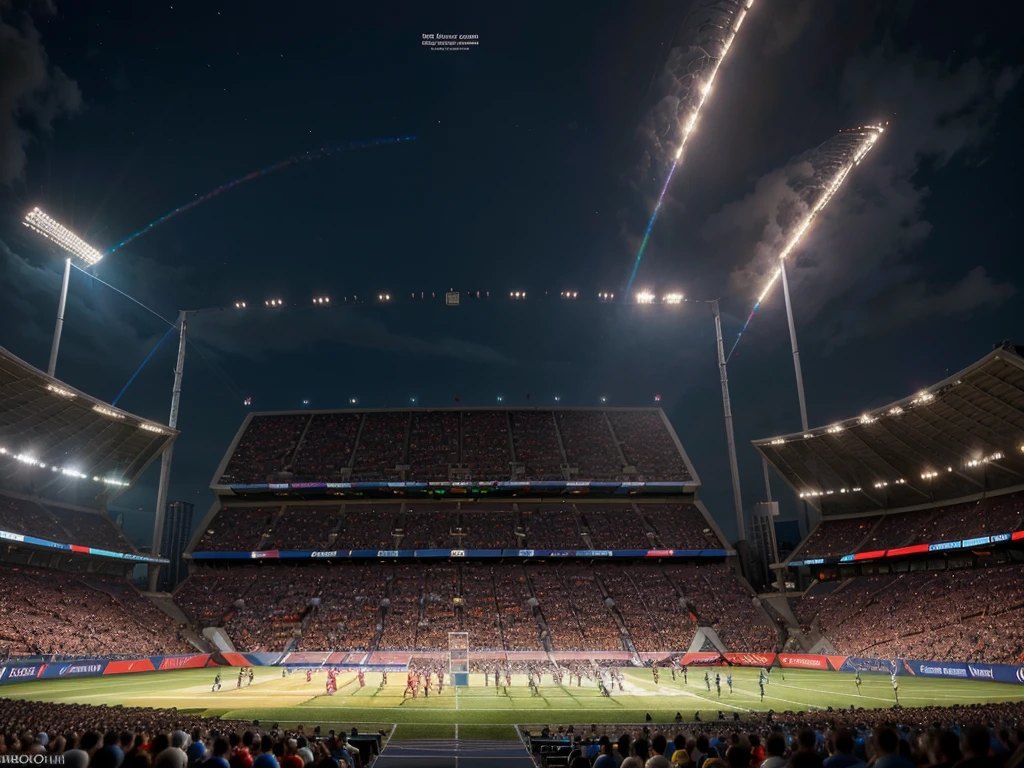 a detailed illustration of the UEFA European Football Championship, 1 large trophy, soccer players in action, stadium with cheering crowd, dynamic action poses, motion blur, dramatic lighting, vibrant colors, cinematic composition, hyperrealistic, (best quality,4k,8k,highres,masterpiece:1.2),ultra-detailed,(realistic,photorealistic,photo-realistic:1.37),professional sports art, epic scale, dramatic angles, dramatic lighting, vivid colors