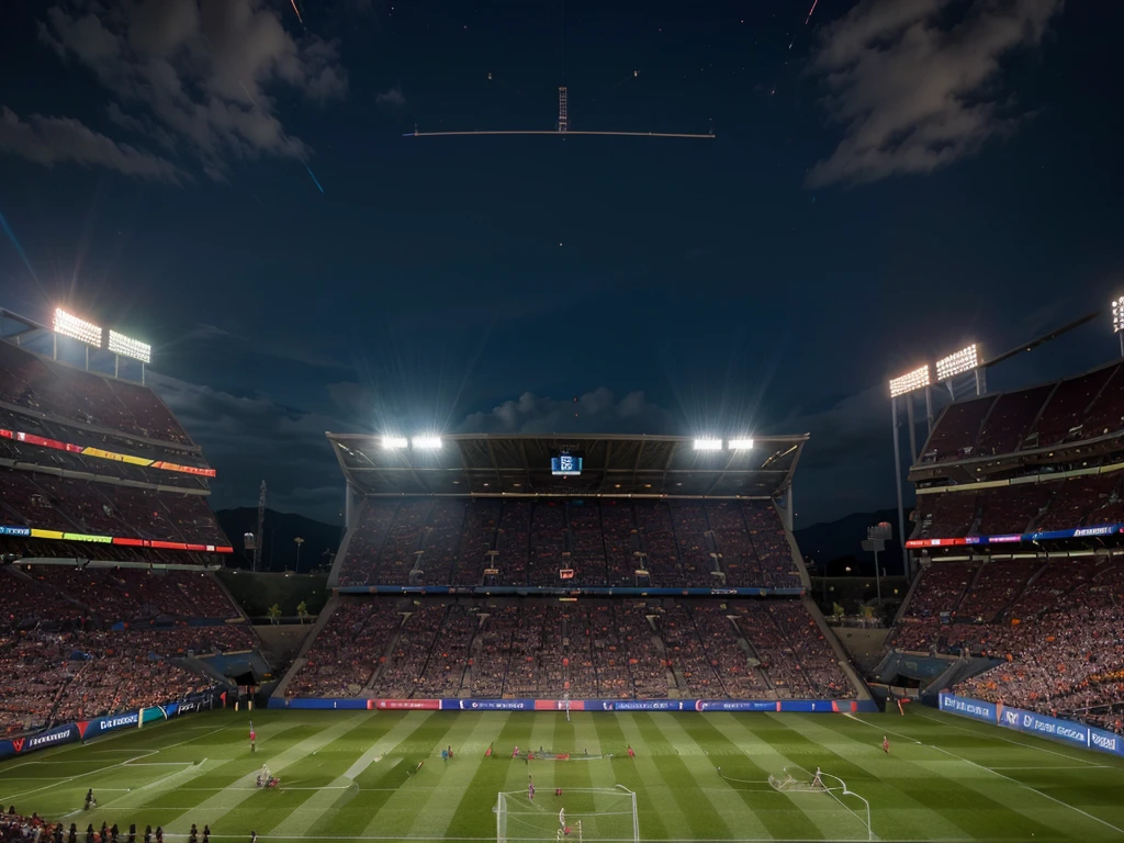 a detailed illustration of the UEFA European Football Championship, 1 large trophy, soccer players in action, stadium with cheering crowd, dynamic action poses, motion blur, dramatic lighting, vibrant colors, cinematic composition, hyperrealistic, (best quality,4k,8k,highres,masterpiece:1.2),ultra-detailed,(realistic,photorealistic,photo-realistic:1.37),professional sports art, epic scale, dramatic angles, dramatic lighting, vivid colors
