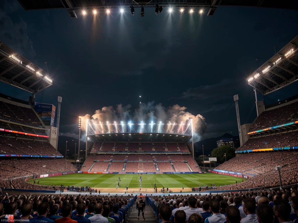 a detailed illustration of the UEFA European Football Championship, 1 large trophy, soccer players in action, stadium with cheering crowd, dynamic action poses, motion blur, dramatic lighting, vibrant colors, cinematic composition, hyperrealistic, (best quality,4k,8k,highres,masterpiece:1.2),ultra-detailed,(realistic,photorealistic,photo-realistic:1.37),professional sports art, epic scale, dramatic angles, dramatic lighting, vivid colors