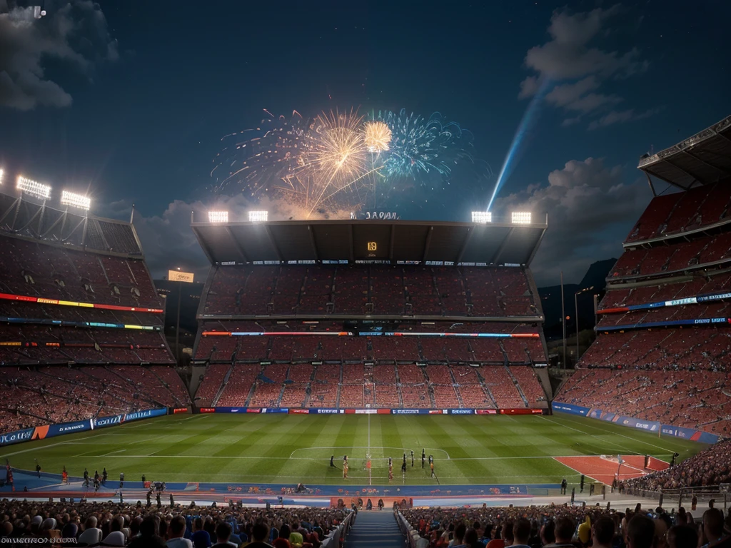 a detailed illustration of the UEFA European Football Championship, 1 large trophy, soccer players in action, stadium with cheering crowd, dynamic action poses, motion blur, dramatic lighting, vibrant colors, cinematic composition, hyperrealistic, (best quality,4k,8k,highres,masterpiece:1.2),ultra-detailed,(realistic,photorealistic,photo-realistic:1.37),professional sports art, epic scale, dramatic angles, dramatic lighting, vivid colors