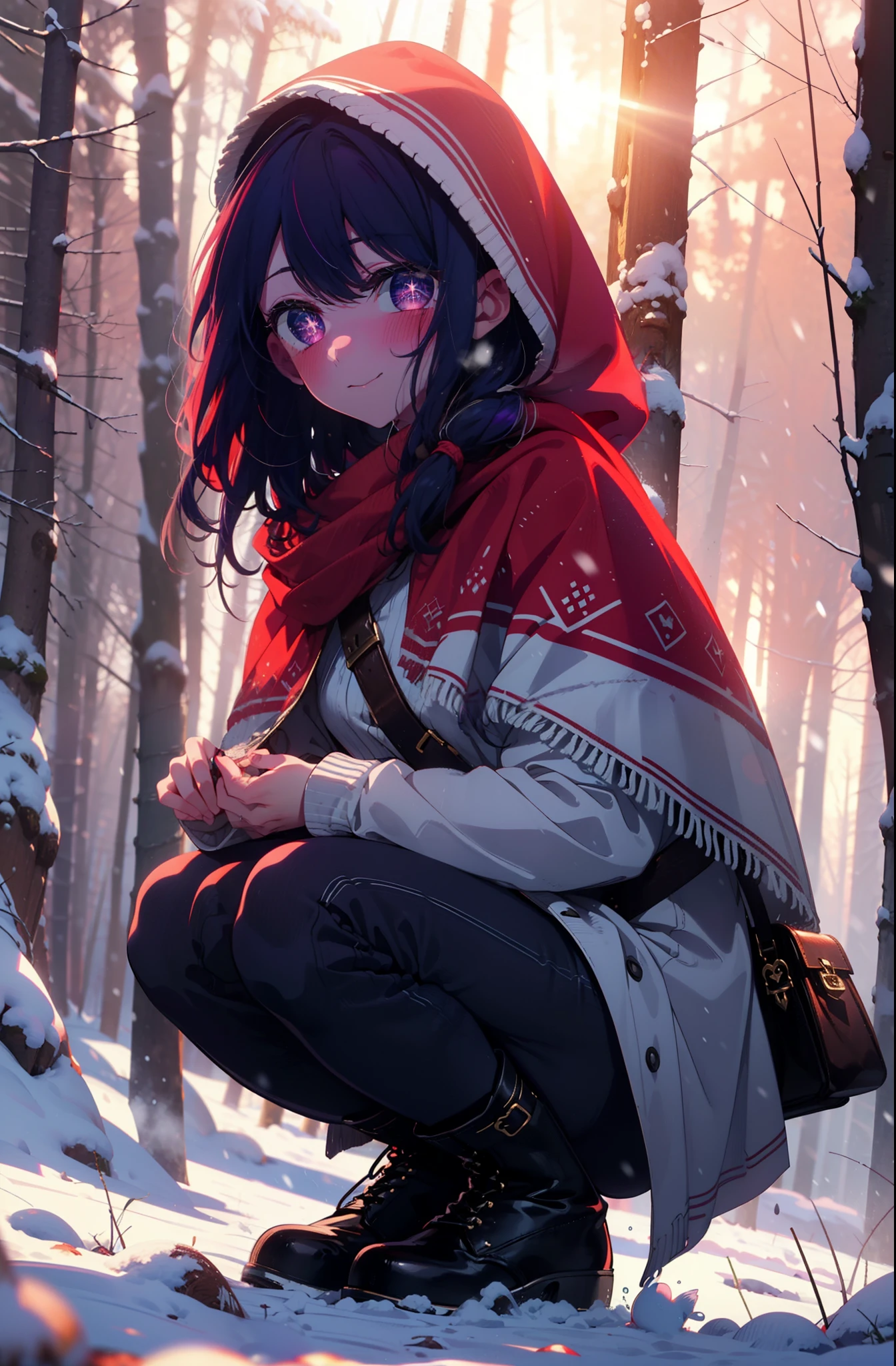 aihoshino, Ai Hoshino, Long Hair, bangs, (Purple eyes:1.1), Purple Hair, (Symbol-shaped pupil:1.5), smile,,smile,blush,White Breath,
Open your mouth,snow,Ground bonfire, Outdoor, boots, snowing, From the side, wood, suitcase, Cape, Blurred, , forest, White handbag, nature, Squat, Mouth closed, Cape, winter, Written boundary depth, Black shoes, red Cape break looking at viewer, Upper Body, whole body, break Outdoor, forest, nature, break (masterpiece:1.2), Highest quality, High resolution, unity 8k wallpaper, (shape:0.8), (Beautiful and beautiful eyes:1.6), Highly detailed face, Perfect lighting, Extremely detailed CG, (Perfect hands, Perfect Anatomy),