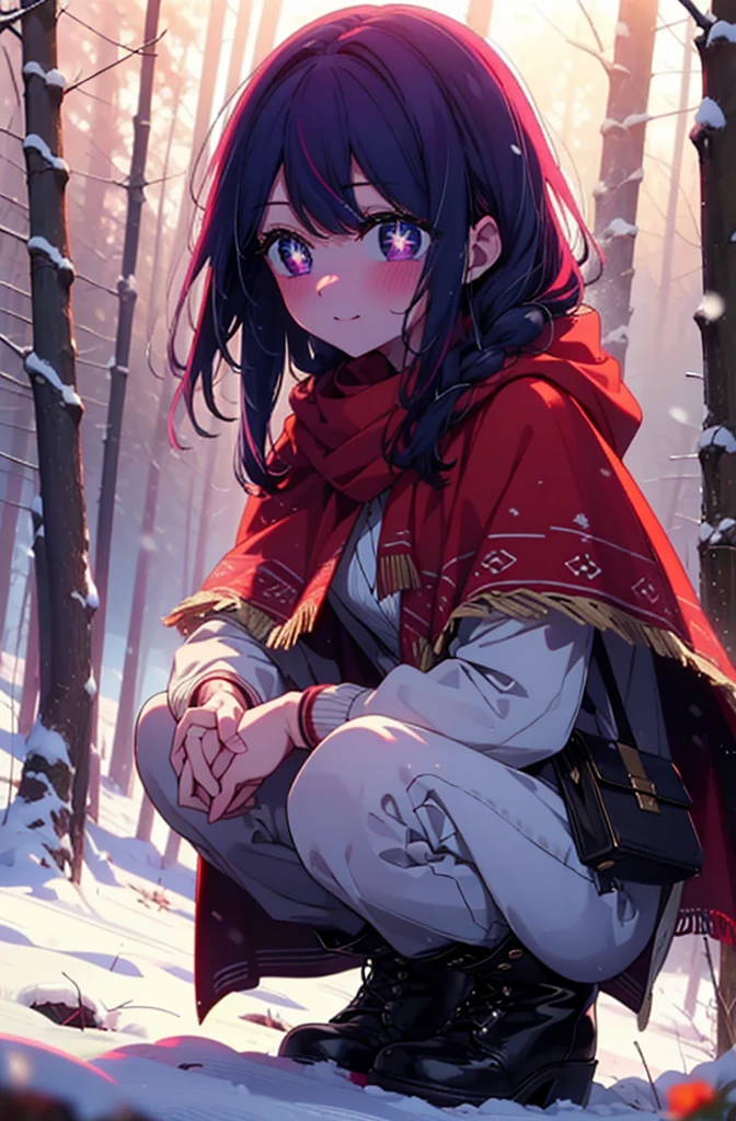 aihoshino, Ai Hoshino, Long Hair, bangs, (Purple eyes:1.1), Purple Hair, (Symbol-shaped pupil:1.5), smile,,smile,blush,White Breath,
Open your mouth,snow,Ground bonfire, Outdoor, boots, snowing, From the side, wood, suitcase, Cape, Blurred, , forest, White handbag, nature,  Squat, Mouth closed, Cape, winter, Written boundary depth, Black shoes, red Cape break looking at viewer, Upper Body, whole body, break Outdoor, forest, nature, break (masterpiece:1.2), Highest quality, High resolution, unity 8k wallpaper, (shape:0.8), (Beautiful and beautiful eyes:1.6), Highly detailed face, Perfect lighting, Extremely detailed CG, (Perfect hands, Perfect ),