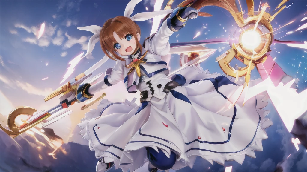 SFW,  One girl, (8K, Highest quality, masterpiece:1.2), (Professional Lighting:1.2), (whole body, Dynamic Angle,  From below:1.1),
A photo of a cute magical girl in white clothes,  takamachi nanoha, Cute Justice,  Flying in the air, Bright blue sky,  Light of the sun, Floating Clouds,  White magic beam, (Dynamic pose:1.5), relax, Joyful, [:D],
(Satin clothing:1.2), Luxury clothing with attention to detail, Short Twin Tails,   short hair, Hair Ribbon, blue eyes, armor, Long skirt, Fluffy long sleeves,  Gauntlet, Fingerless gloves,  shoes下, shoes,
Urzan-6500-v1.1