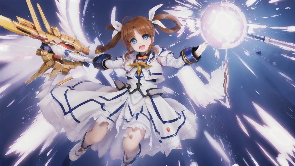 SFW,  One girl, (8K, Highest quality, masterpiece:1.2), (Professional Lighting:1.2), (whole body, Dynamic Angle,  From below:1.1),
A photo of a cute magical girl in white clothes,  takamachi nanoha, Cute Justice,  Flying in the air, Bright blue sky,  Light of the sun, Floating Clouds,  White magic beam, (Dynamic pose:1.5), relax, Joyful, [:D],
(Satin clothing:1.2), Luxury clothing with attention to detail, Short Twin Tails,   short hair, Hair Ribbon, blue eyes, armor, Long skirt, Fluffy long sleeves,  Gauntlet, Fingerless gloves,  shoes下, shoes,
Urzan-6500-v1.1