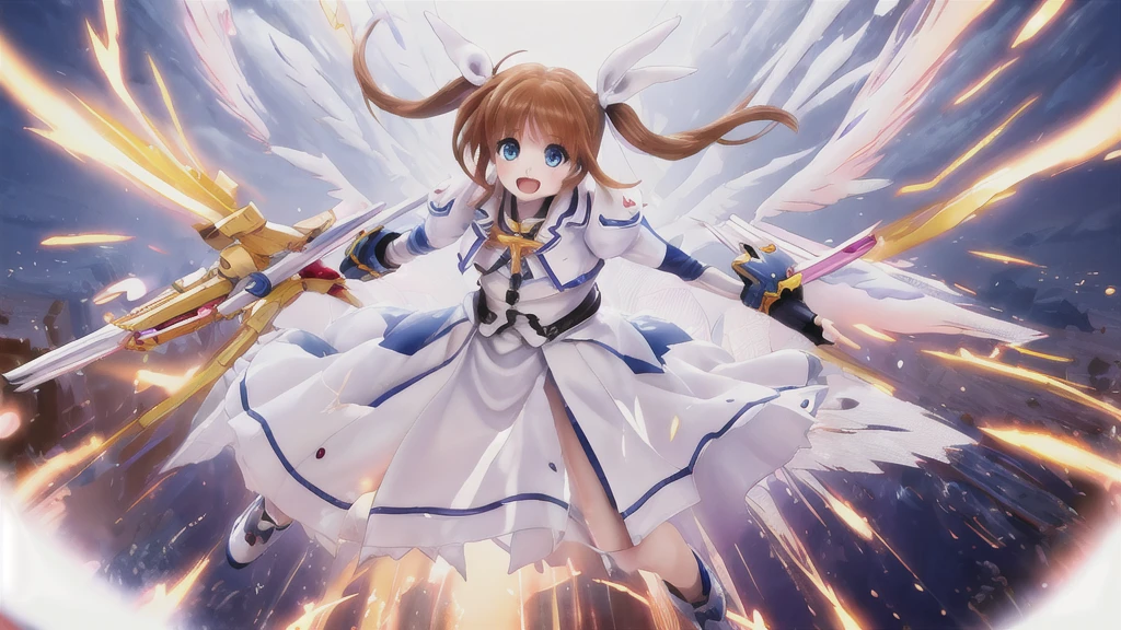 SFW,  One girl, (8K, Highest quality, masterpiece:1.2), (Professional Lighting:1.2), (whole body, Dynamic Angle,  From below:1.1),
A photo of a cute magical girl in white clothes,  takamachi nanoha, Cute Justice,  Flying in the air, Bright blue sky,  Light of the sun, Floating Clouds,  White magic beam, (Dynamic pose:1.5), relax, Joyful, [:D],
(Satin clothing:1.2), Luxury clothing with attention to detail, Short Twin Tails,   short hair, Hair Ribbon, blue eyes, armor, Long skirt, Fluffy long sleeves,  Gauntlet, Fingerless gloves,  shoes下, shoes,
Urzan-6500-v1.1