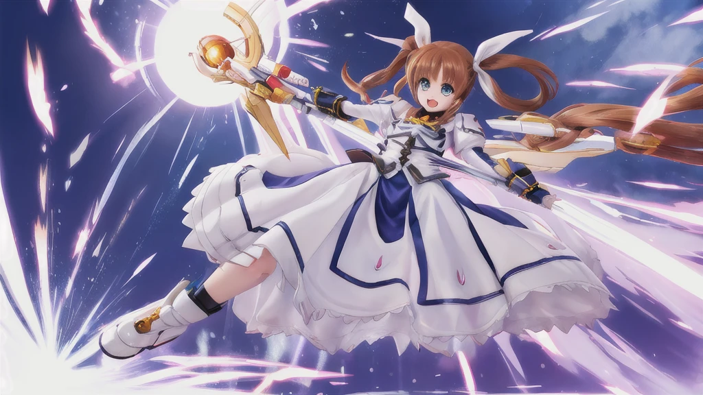 SFW,  One girl, (8K, Highest quality, masterpiece:1.2), (Professional Lighting:1.2), (whole body, Dynamic Angle,  From below:1.1),
A photo of a cute magical girl in white clothes,  takamachi nanoha, Cute Justice,  Flying in the air, Bright blue sky,  Light of the sun, Floating Clouds,  White magic beam, (Dynamic pose:1.5), relax, Joyful, [:D],
(Satin clothing:1.2), Luxury clothing with attention to detail, Short Twin Tails,   short hair, Hair Ribbon, blue eyes, armor, Long skirt, Fluffy long sleeves,  Gauntlet, Fingerless gloves,  shoes下, shoes,
Urzan-6500-v1.1