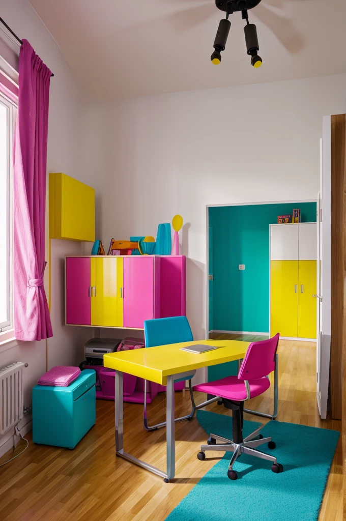 A colourful studio room with chair