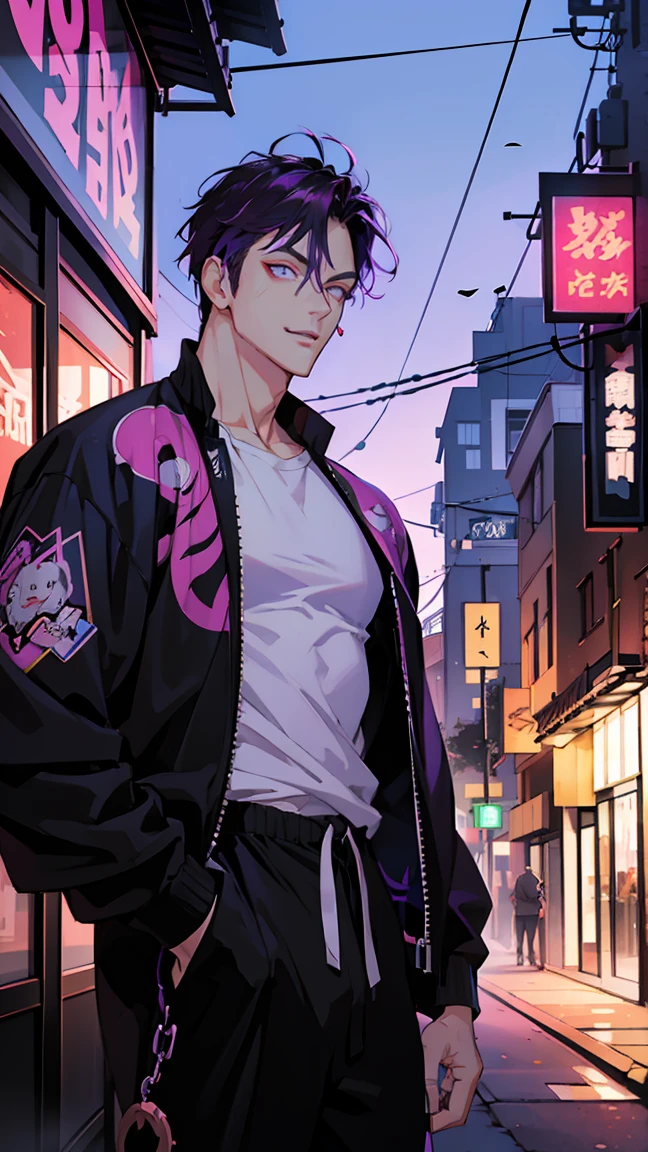 highest quality, 8K, high resolution image, anime style Jujutsu Kaisen, (Iori_suiseki), detailed strokes, bored look , blurred, purple light reflecting from it, (close angle), 1 man, young, male, model, hand in pocket, cool guy, multicolored Background with various geometric shapes, around stickers, muscular,Black hair, purple eyes, multicolored hair, purple hair, hair between eyes, highlighted hair ,swollen chest, withe shirt, black sweater, sweatpants, Background: big City, Streets, Park, People, blue sky, Cars, Bike