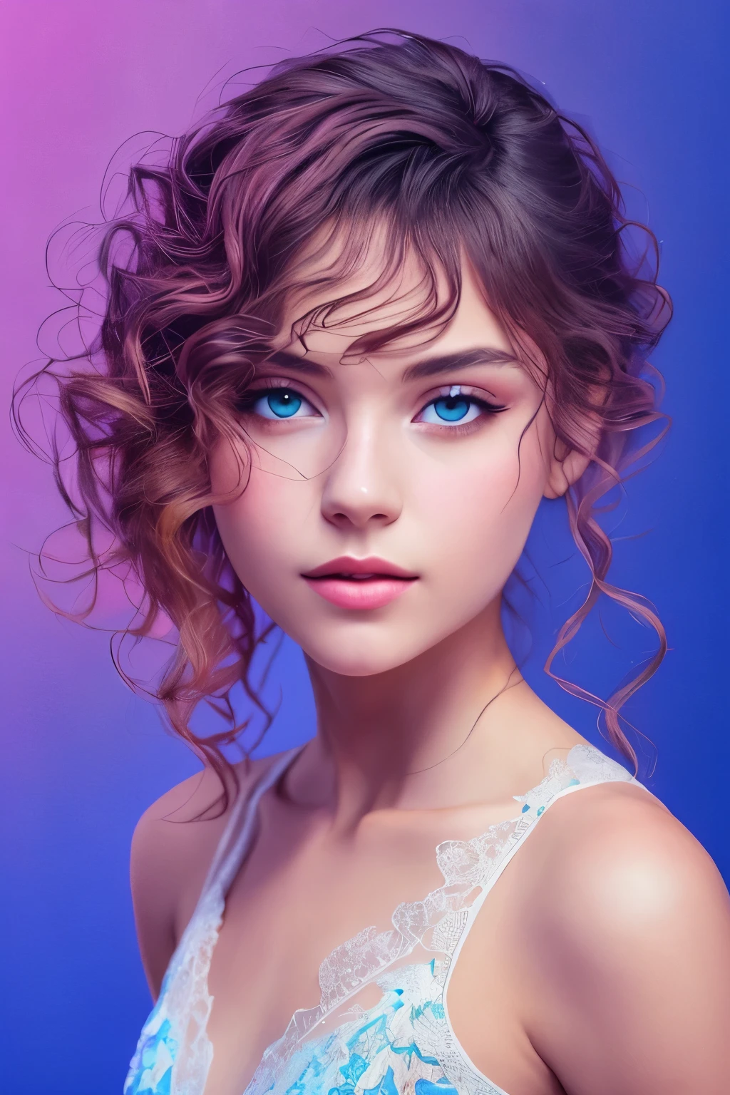 Beautiful girl with bright colors: 8--old u, Messy hair, painting, Nice perfect face，Soft skin，Flawless, blue、, Lilac and violet additions, light red additions, complicated细节, Startup Screen, 8k resolution, masterpiece, Cute face,artstation digital smooth very black ink flow: 8k resolution photorealistic masterpiece: Delicate and exquisite fluid gouache painting: author：John Baptiste Monger: calligraphy: Acrylic Fiber: Watercolor Art, Professional photography, Natural Lighting, Volumetric Lighting Minimalist Photo Illustration: author：Marton Bobzert:, complicated, elegant, Expanded, fantastic,  curls, Energetic