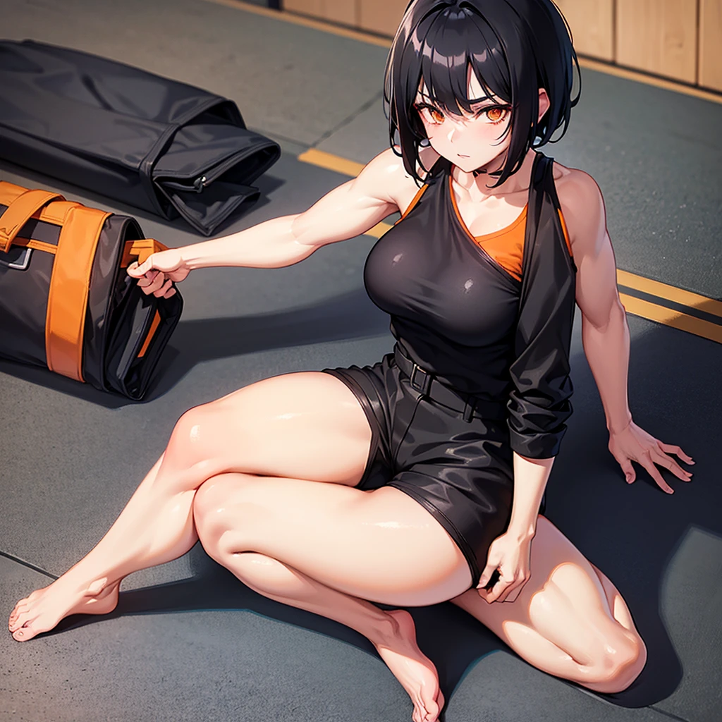 1girl, short messy black hair, orange eyes, wearing black martial arts gi and black martial arts trousers. Barefoot. Anime artstyle, best quality, looking at viewer, perfect face, Sitting on tatami mats, intricate detail, masterpiece, perfect muscular body