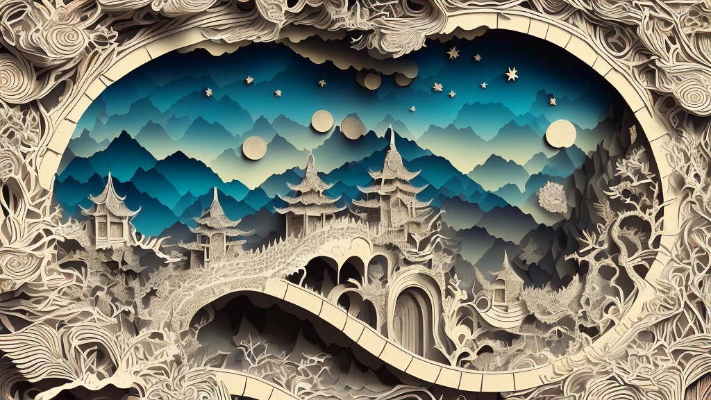 mdjrny-pprct,Chinese architecture, gardens, mountains and rivers, clouds, (high detailed:1.2)