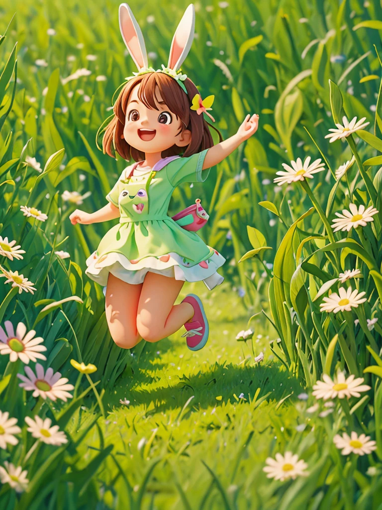 Cute and a cheerful bunny hopping through the green grass. Pixar style, best quality, stills,