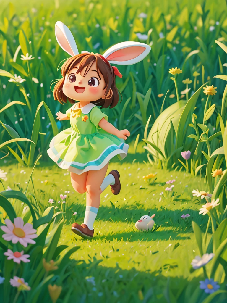 Cute  and a cheerful bunny hopping through the green grass. Pixar style, best quality, stills,