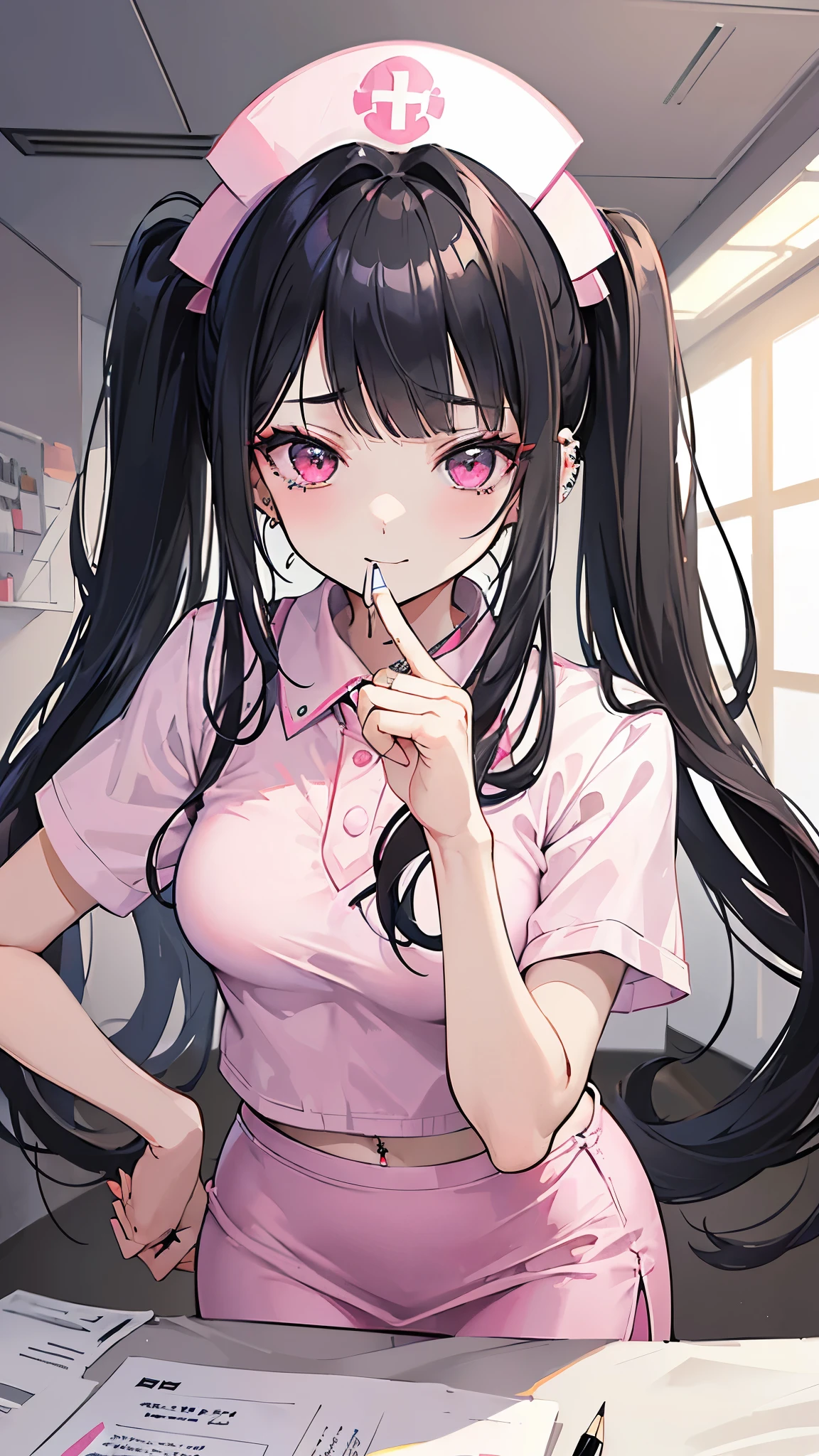 ((masterpiece、Highest quality、Very detailed))、One Girl、Black Hair、Long Hair、twintails、blunt bangs、Pink eyes、evil smile、((lots of piercing))、Small breasts、Nurse cap、((nurse))、((pencil skirt))、On all fours、On the bed、Hospital room background