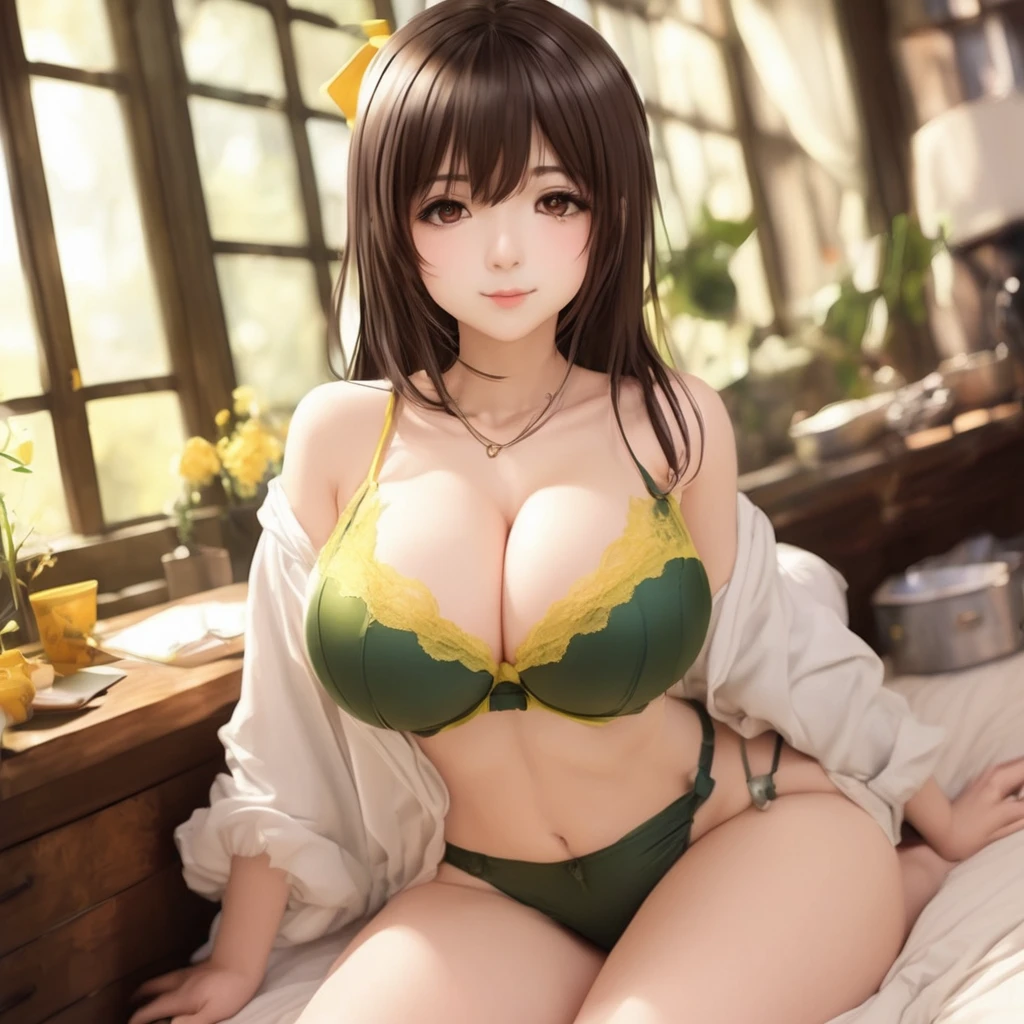 Tabletop、High resolution、One Girl、 only、Yellow-green 、Big ample 、Leaning forward、Poses that accentuate the 、Cute anime illustrations