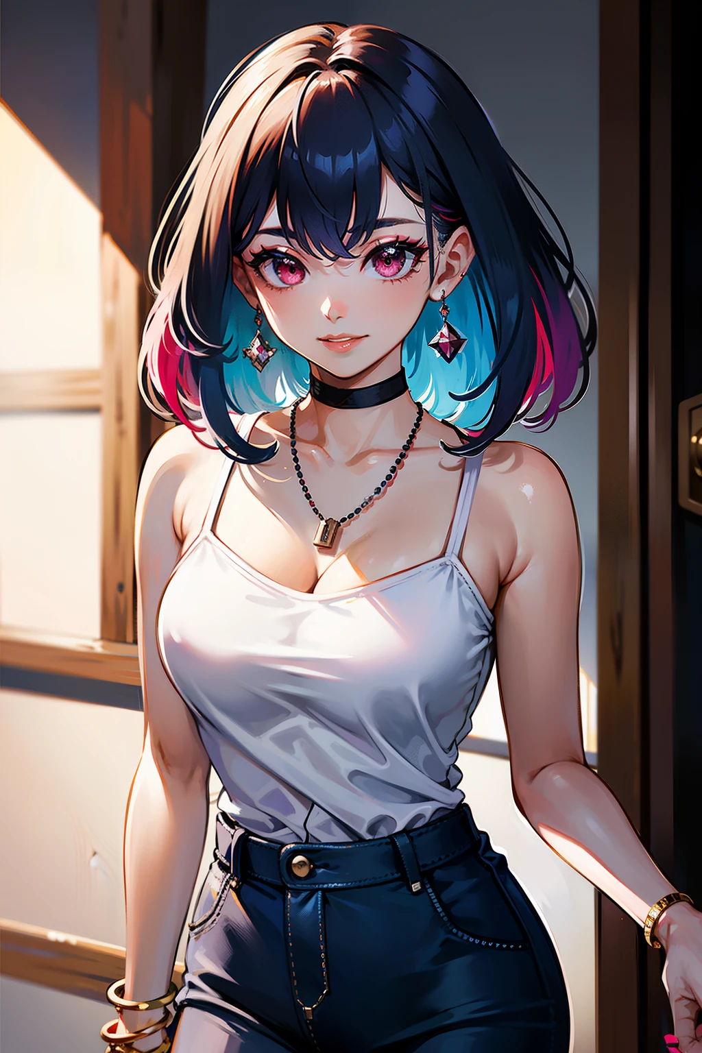 masterpiece, best quality, highly detailed, 1girl, solo, perfect ???????, slim, red eyes, blue hair, bangs, purple hair, hair between eyes, multicolored hair, gradient hair, pink lips, thick thighs , edgCT, blouse, wearing edgCT, chic top, light smile, detailed background, outdoor, standing, ????, sunglasses, skirt, earrings, necklace, bracelet,
