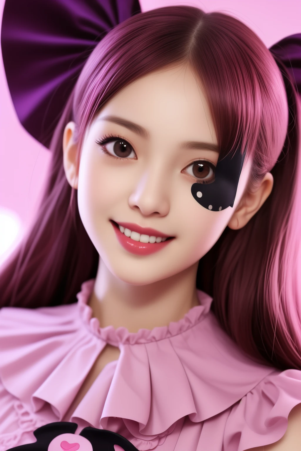 female\((cute,eye patch\(very cute, gothic fashion,heart mark\):1.3),age of 12,(side view:0.3),skin\(white,pale,smooth,silky,shiny\),eyes\(beautiful,many star-shaped highlights\),wearing makeup\(pink\),(evil smile:1.3),open mouth,sharp teeth,long tongue,hair\(pink,twintails,floating,rolled,detailed,shiny\),hairclip\(heart\),costume\(pink (frilled) dress\),eye corners\(pink:1.3\),(narrow eyes),very cute pose,(breast:1.3),open cleavage, cute hand sign,many accessories\), BREAK ,background\(harajyuku\(tokyo,japan\),at night,cute,fancy,dark\), BREAK ,quality\(8k,wallpaper of extremely detailed CG unit, masterpiece,hight resolution,top-quality,top-quality real texture skin,hyper realisitic,increase the resolution,RAW photos,best qualtiy,highly detailed,the wallpaper,cinematic lighting,ray trace,golden ratio\),(dynamic angle),(close up of face:1.8),looking down at viewer,from below,better hands
