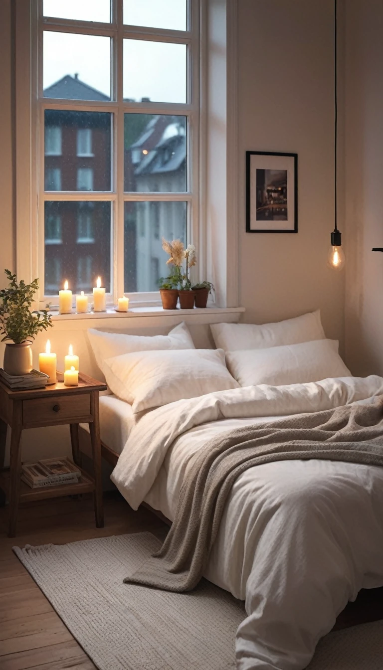 Create realistic karikatur a comfortable bedroom atmosphere with a bed covered with white linen and blankets, with a 20 year old woman, large breasts. Place a few lit candles on a tray on the bed and more candles on the windowsill and nearby table. Make sure the windows show the rainy and gloomy atmosphere outside. Use soft, warm lighting and a moody color palette to enhance the cozy, serene atmosphere in the room."