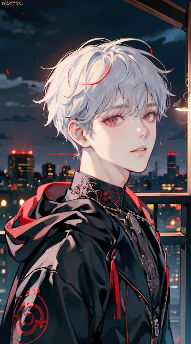 kk, best quality, more details, masterpiece, 1 boy, kaneki ken, portrait, male focus, red eyes, solo, bangs, look at viewer, hood, short hair, rain, tokyo tokyo \(city\), hood, white hair, luxurious, 8k, detailed, ray tracing, depth of field, cinematic lighting,