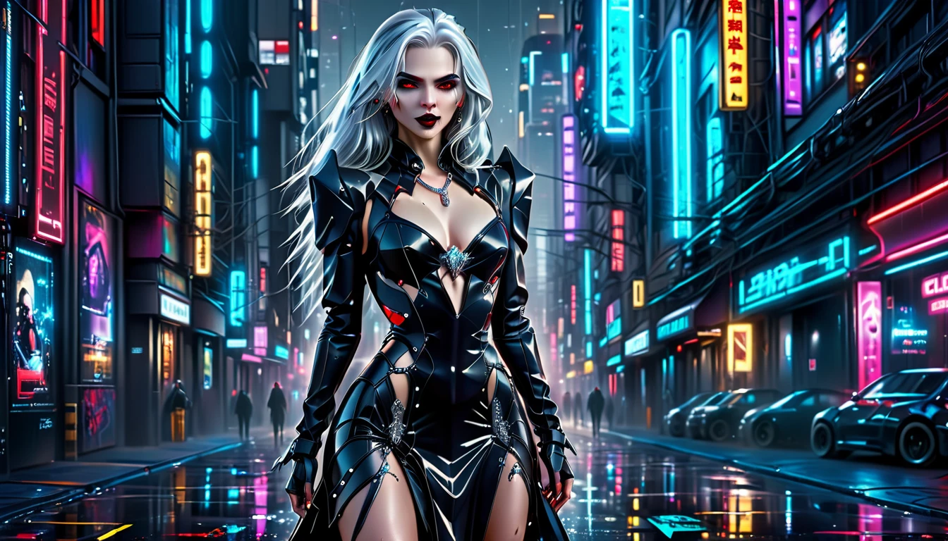 ((a photorealistic glamour shot of an exquisite, glamour mecha female vampire standing in a cyberpunk street: 1.5)), ((full body: 1.5)), ultra feminine, pale face, silver hair, long vibrant shiny hair, glamorous hair,  red eyes, miniatures mechanical , deep penetrating eyes, red lips, lustful lips, ((two visible vampiric fangs: 1.5), drops of blood dripping from the mouth, ((cyberpunk style: 1.5)), she wears (blue elegant glamour dress, with small delicate mechanical parts: 1.4), digital parts,  intricate details, the dress is studded with diamonds, tight suit, dynamic color, high heels, cyberpunk street at night background, (highest quality:1.2, Very detailed, up to date, Vibrant, Ultra-high resolution, High Contrast, masterpiece:1.2, highest quality, Best aesthetics), best details, best quality, highres, ultra wide angle, 16k, [ultra detailed], masterpiece, best quality, (extremely detailed), Genetically modified..., Cinematic Hollywood Film, nijimecha, liquid dress
