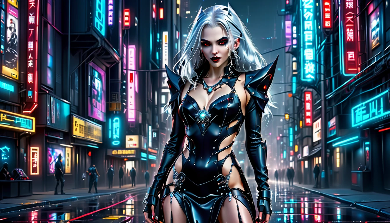 ((a photorealistic glamour shot of an exquisite, glamour mecha female vampire standing in a cyberpunk street: 1.5)), ((full body: 1.5)), ultra feminine, pale face, silver hair, long vibrant shiny hair, glamorous hair,  red eyes, miniatures mechanical , deep penetrating eyes, red lips, lustful lips, ((two visible vampiric fangs: 1.5), drops of blood dripping from the mouth, ((cyberpunk style: 1.5)), she wears (blue elegant glamour dress, with small delicate mechanical parts: 1.4), digital parts,  intricate details, the dress is studded with diamonds, tight suit, dynamic color, high heels, cyberpunk street at night background, (highest quality:1.2, Very detailed, up to date, Vibrant, Ultra-high resolution, High Contrast, masterpiece:1.2, highest quality, Best aesthetics), best details, best quality, highres, ultra wide angle, 16k, [ultra detailed], masterpiece, best quality, (extremely detailed), Genetically modified..., Cinematic Hollywood Film, nijimecha, liquid dress