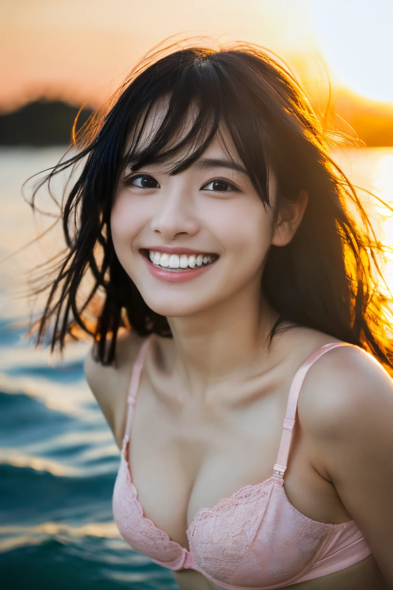 8K, (Hyper Reality: 1.35), (Realistic: 1.4), A beautiful Japanese woman, smile, alone. light makeup, masterpiece, 最high quality, high quality, alone, Latin, Puberty, Only one girl ,((Pink bra, pink pants)),((Perfect body)),((最high quality)),((Ultra-fine)),((Very delicate and beautiful)),((Very shallow depth of field)), Hmph,((Incredibly shallow depth of field)). be familiar with)), (((Very delicate and beautiful)), (((Very shallow depth of field))), Hmph, (((Unbelievably absurd))), (((Perfect body))), (((Black Hair )))) ))), (((Shortcuts))), (((Okayasu Hair))), ((( Camera Eye)))), (((small ))), (((幸せな最高のsmile))), poor , thing + background, Dynamic Angle, Focus on women, {Particles of light}, 詳細なbackground, ((Paul Hedley)), Soft lighting, (dramatic) sunset), sunset, very beautiful sunset, Live Action, Realistic, Top Angle, かわいいsmile, (blurred background), 22 years old, skinny, ((Wind)), ((Movement)), ((emotion)), ((colorful)), (()), ((Beautiful Teeth)), Wither, sea background、The subject is in focus、round face、Round face、jaws are round、 finely detail, Super detailed, High resolution, Very detailed, Very detailed目と顔,Wet, ((Luxury:1.1)),((colorfulなマイクロビキニ))